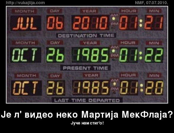 Transliteracija: Je l' video neko Martija MekFlaja? Juče nam stig'o Povratak u budućnost