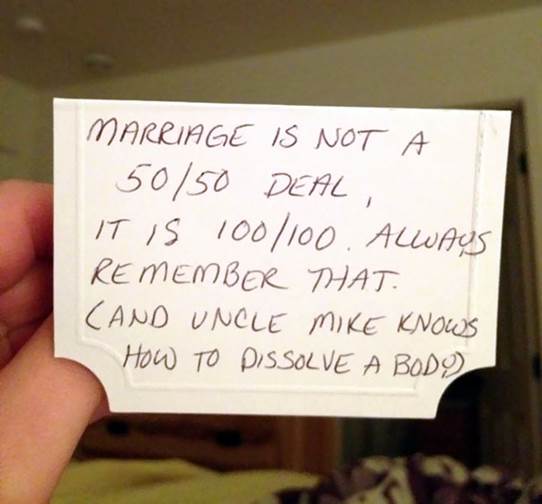 Brak nije dogovor 50-50, nego 100-100. Upamti to. (i ujka Majk zna kako da raskomada telo) Ujak o braku